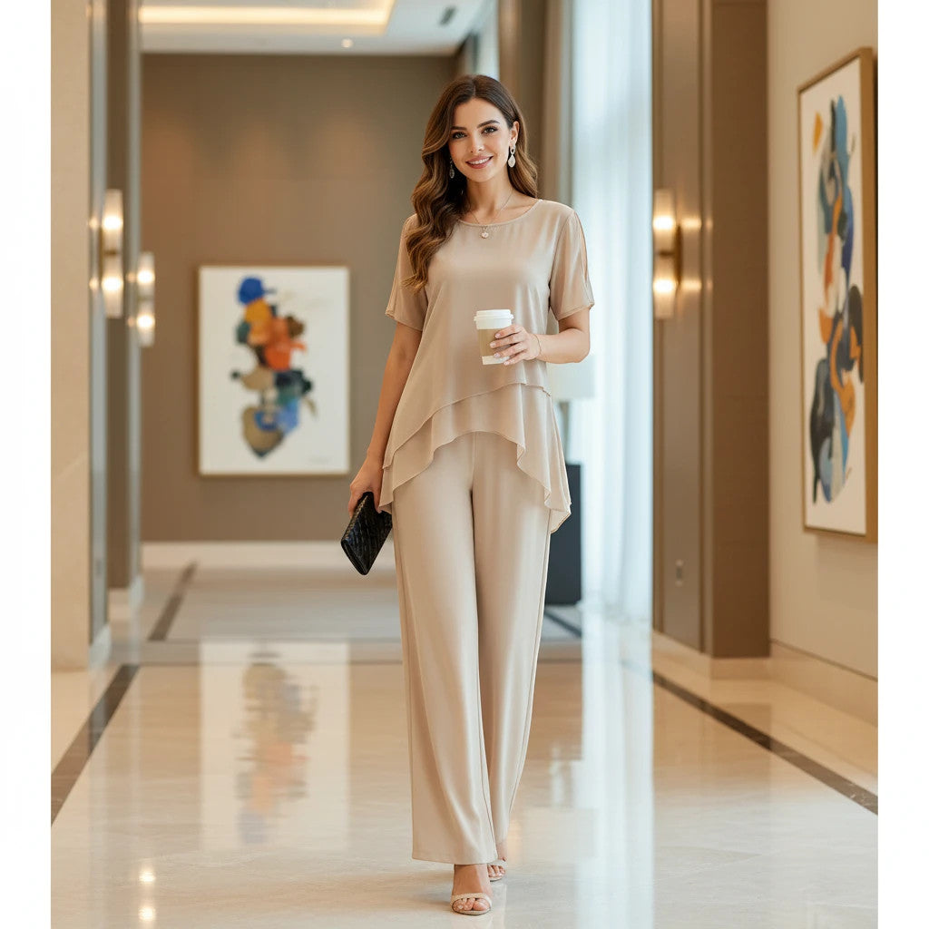 ZOFIA ATELIER Adelina chiffon patchwork set with wide-leg pants and layered top in beige.