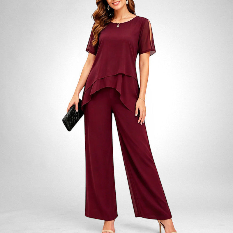 ZOFIA ATELIER Adelina chiffon patchwork set in burgundy with wide-leg pants and layered top with cold shoulders.