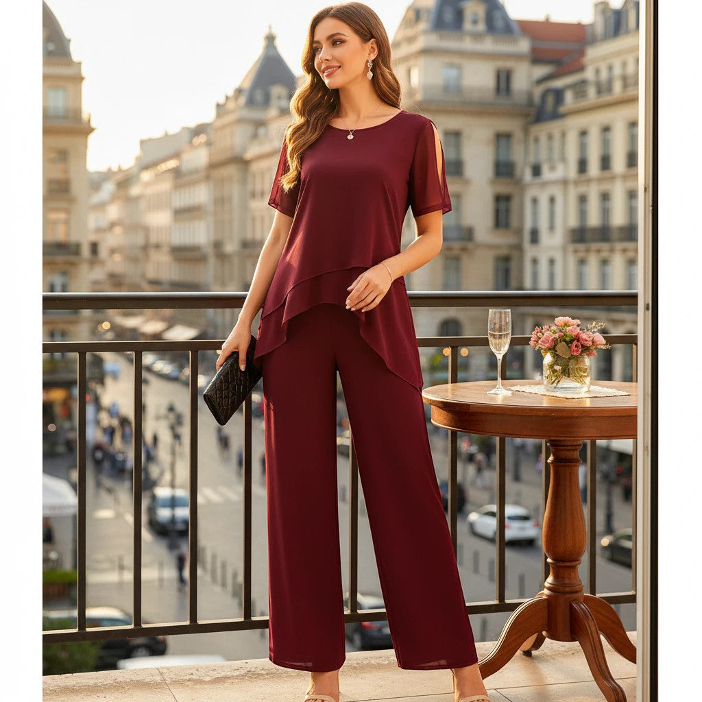 ZOFIA ATELIER burgundy chiffon patchwork set with wide-leg pants and layered top.