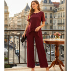 ZOFIA ATELIER burgundy chiffon patchwork set with wide-leg pants and layered top.