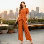 ZOFIA ATELIER Adelina chiffon patchwork set in burnt orange. Flowing silhouette with wide-leg pants and a layered top.