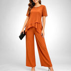 ZOFIA ATELIER Adelina chiffon patchwork set in burnt orange, featuring a layered top and wide-leg pants.