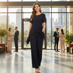 ZOFIA ATELIER navy blue chiffon patchwork set with wide-leg pants and layered top. Model is wearing jewelry.