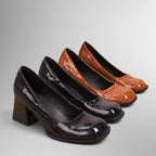 ZOFIA ATELIER black and brown croc-embossed square toe chunky heel pumps with PU lining.