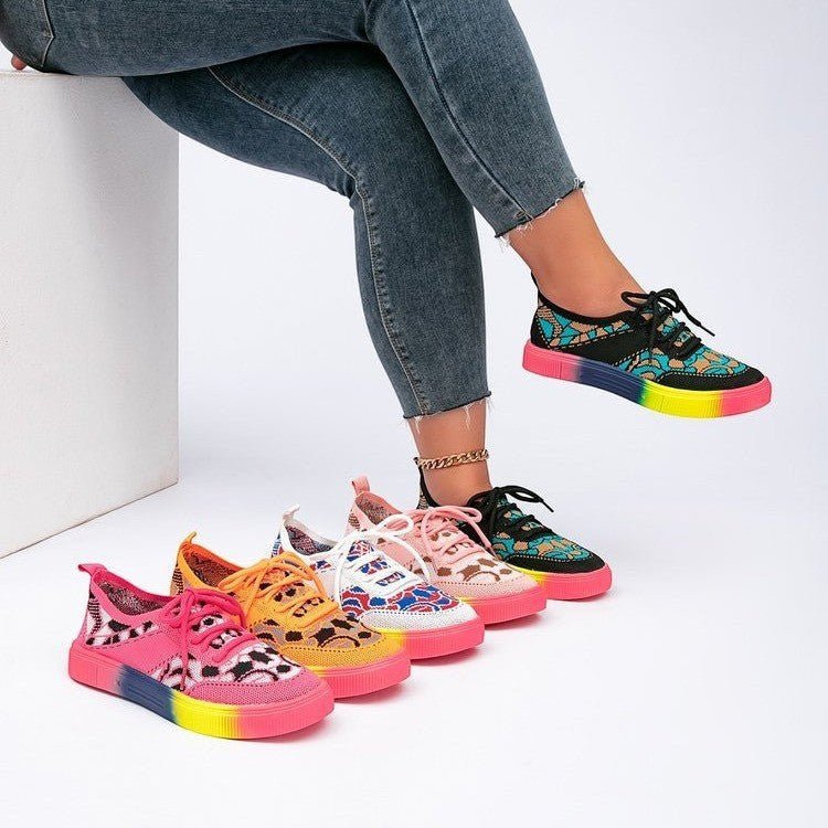 ZOFIA ATELIER chunky-soled shoes with floral accents and rainbow soles. Breathable mesh.
