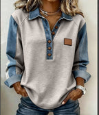 ZOFIA ATELIER knitted color-block shirt with denim sleeves and button-up collar, grey and blue