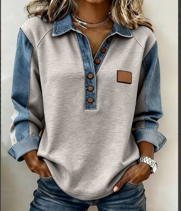 ZOFIA ATELIER knitted color-block shirt with denim sleeves and button-up collar, grey and blue