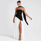 ZOFIA ATELIER black and white color block tube dress with off-the-shoulder design and high slit, made of polyester.