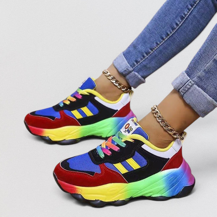 ZOFIA ATELIER women's color matching dad shoes with rainbow gradient sole, blue, red, yellow, green, and black artificial PU.
