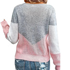 ZOFIA ATELIER pink, grey, and white colorblock crew neck sweater with long sleeves.