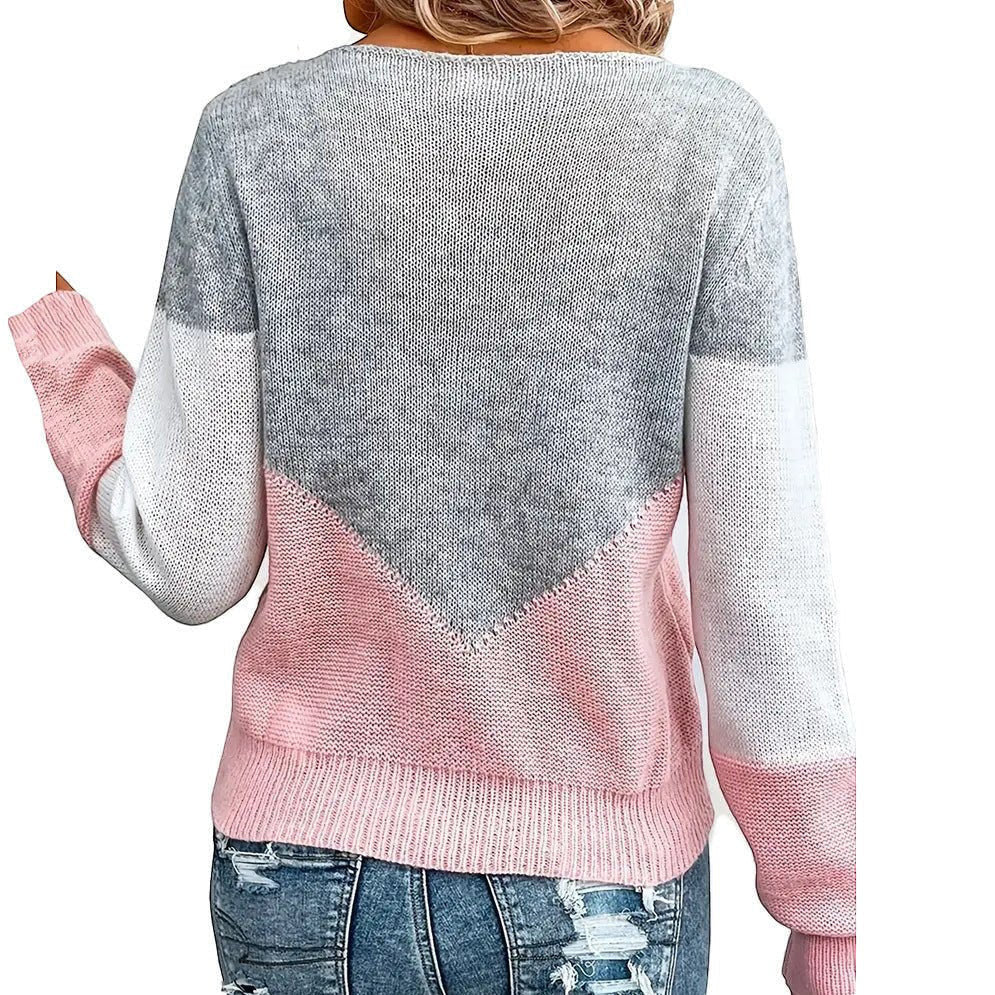 ZOFIA ATELIER pink, grey, and white colorblock crew neck sweater with long sleeves.