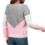 ZOFIA ATELIER pink, grey, and white colorblock crew neck sweater with long sleeves.