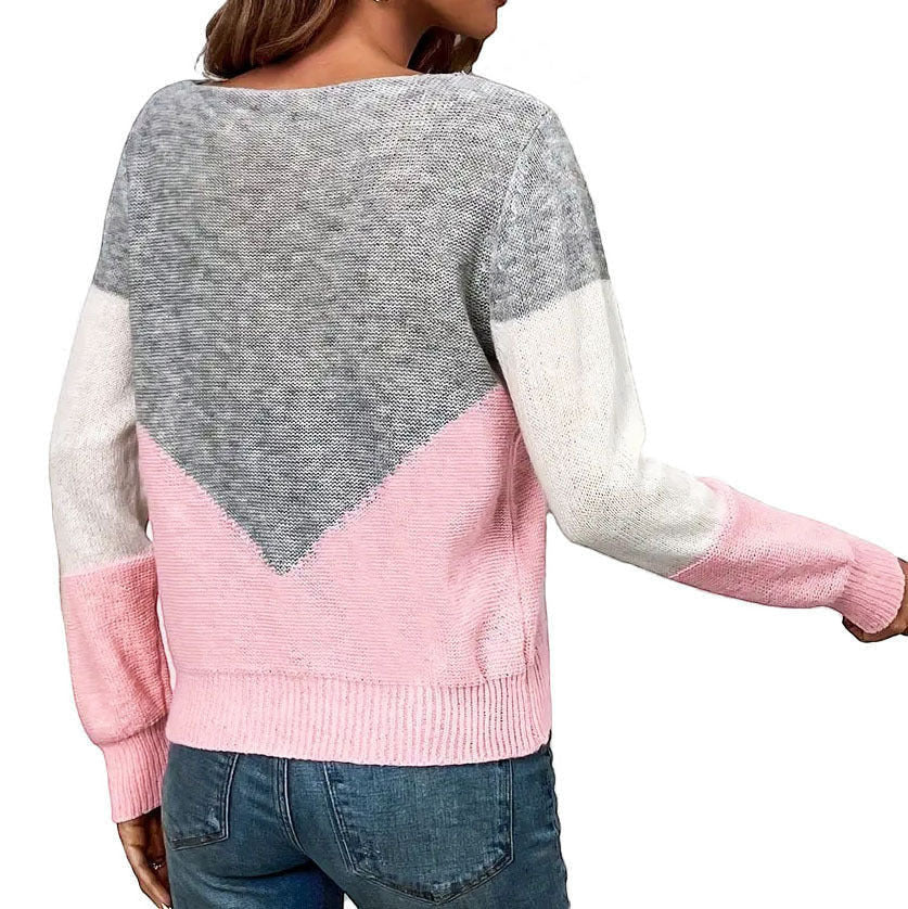 ZOFIA ATELIER pink, grey, and white colorblock crew neck sweater with long sleeves.