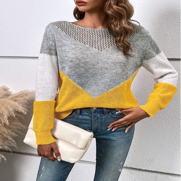 ZOFIA ATELIER yellow, grey, and white colorblock crew neck sweater with a textured yoke.