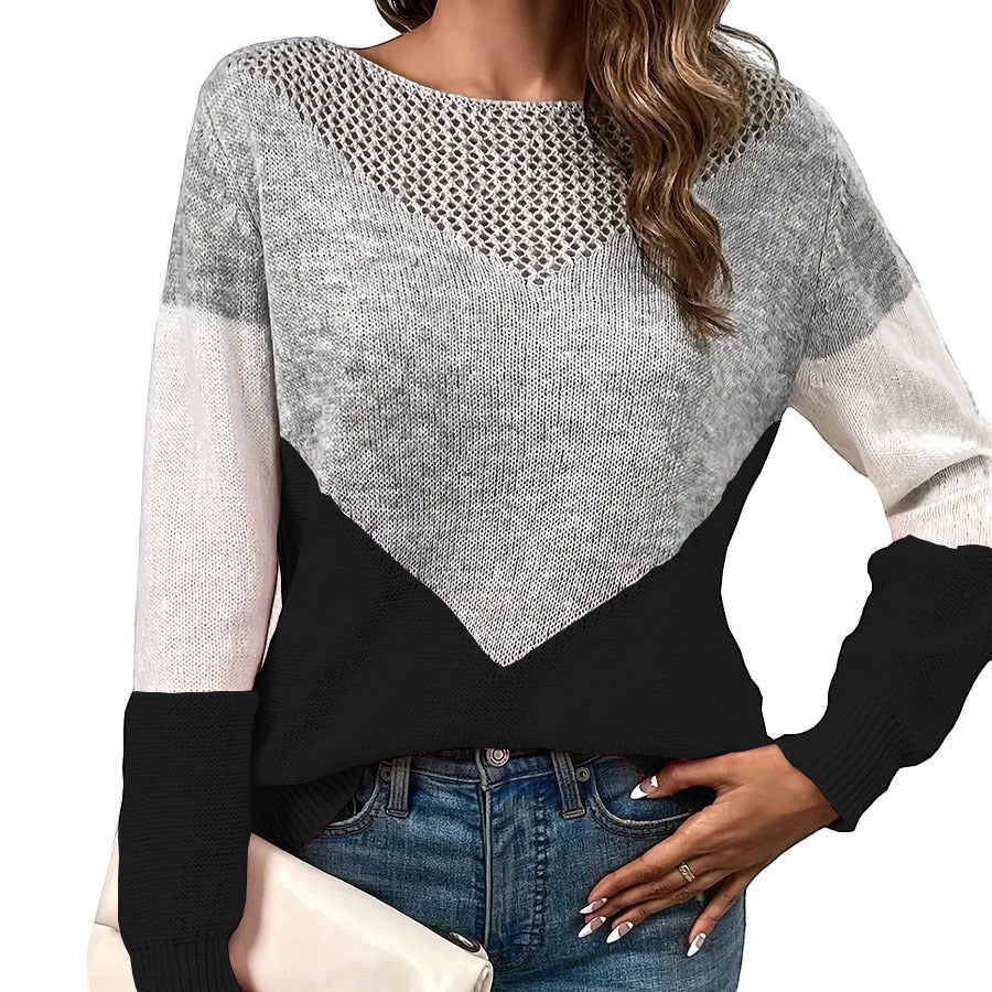 ZOFIA ATELIER grey, black, and white colorblock knit crewneck sweater with open knit detail at the neckline.
