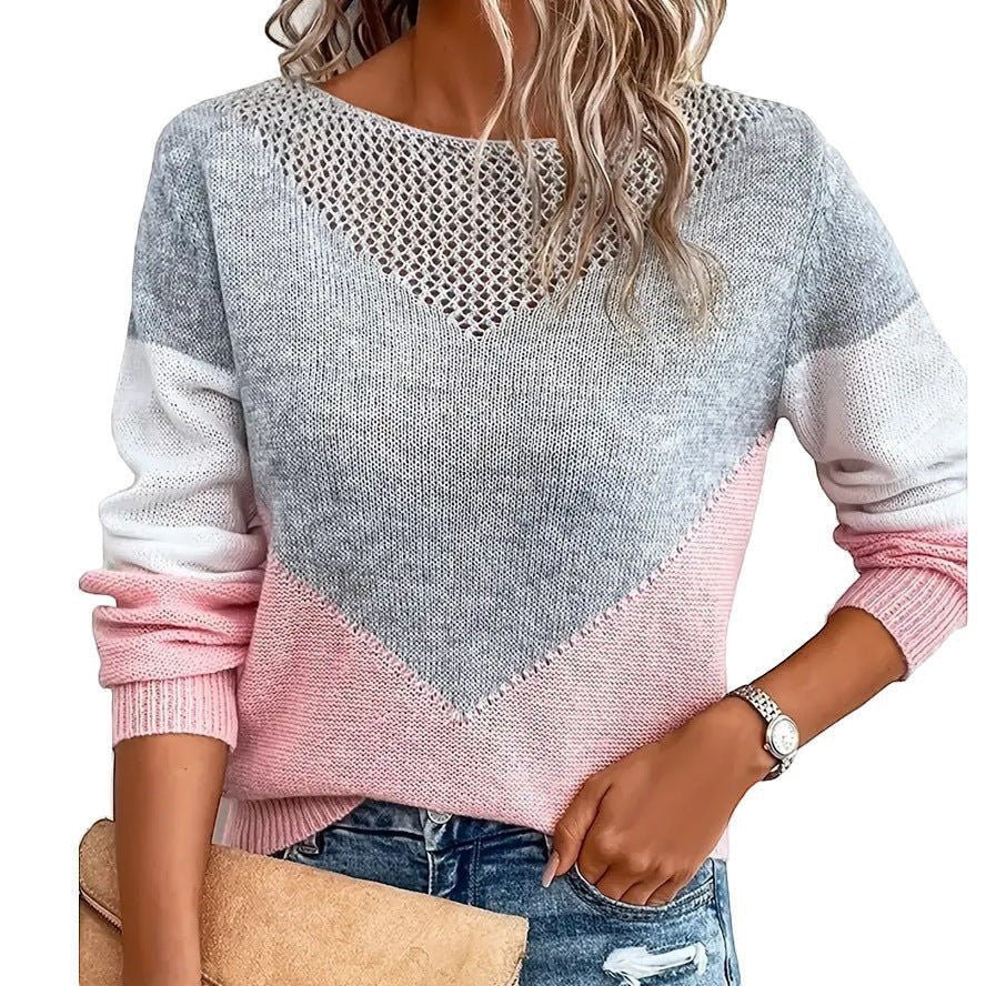 ZOFIA ATELIER pink, grey, and white colorblock knit sweater with a V-neck cutout detail and long sleeves.