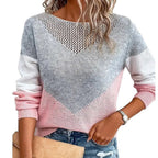 ZOFIA ATELIER pink, grey, and white colorblock knit sweater with a V-neck cutout detail and long sleeves.