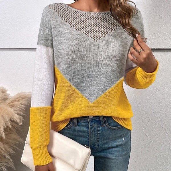 ZOFIA ATELIER grey, white, and yellow colorblock crew neck sweater with open knit detail on yoke. Viscose fiber.