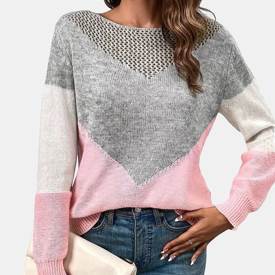 ZOFIA ATELIER pink, grey, and white colorblock crew neck sweater with a V-shaped open knit detail.