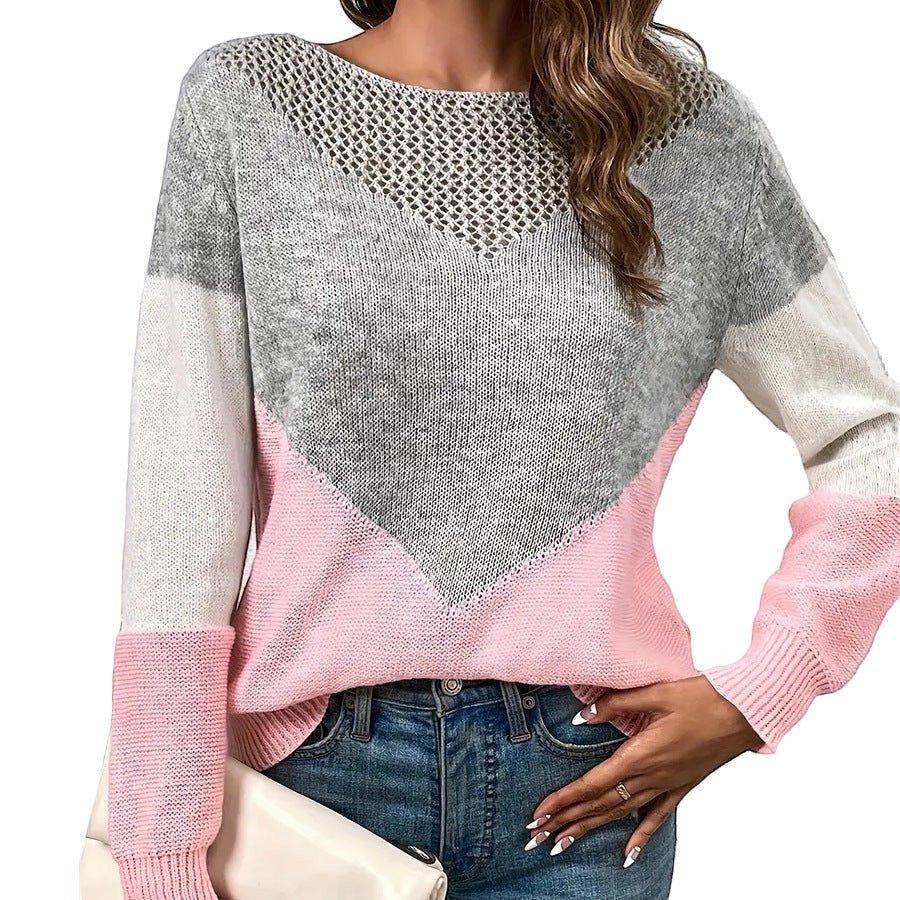 ZOFIA ATELIER pink, grey, and white colorblock crew neck sweater with a V-shaped open knit detail on the yoke.