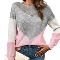 ZOFIA ATELIER pink, grey, and white colorblock crew neck sweater with a V-shaped open knit detail on the yoke.