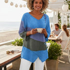 ZOFIA ATELIER colorblock V-neck top in blue, purple, and green hues. Relaxed fit, lightweight fabric.