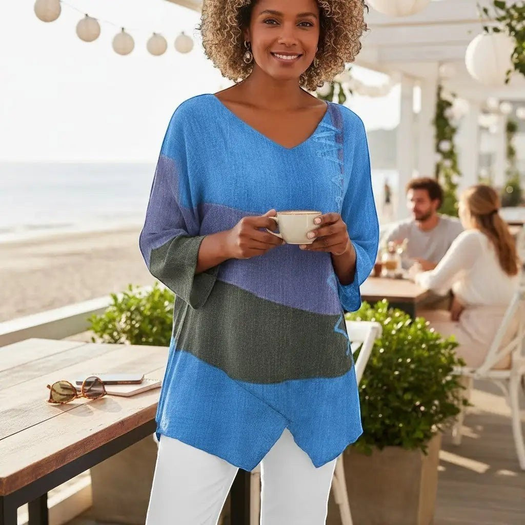 ZOFIA ATELIER colorblock V-neck top in blue, purple, and green hues. Relaxed fit, lightweight fabric.