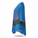ZOFIA ATELIER colorblock V-neck top in blue, purple, and green. Loose fit, lightweight fabric, long sleeves.
