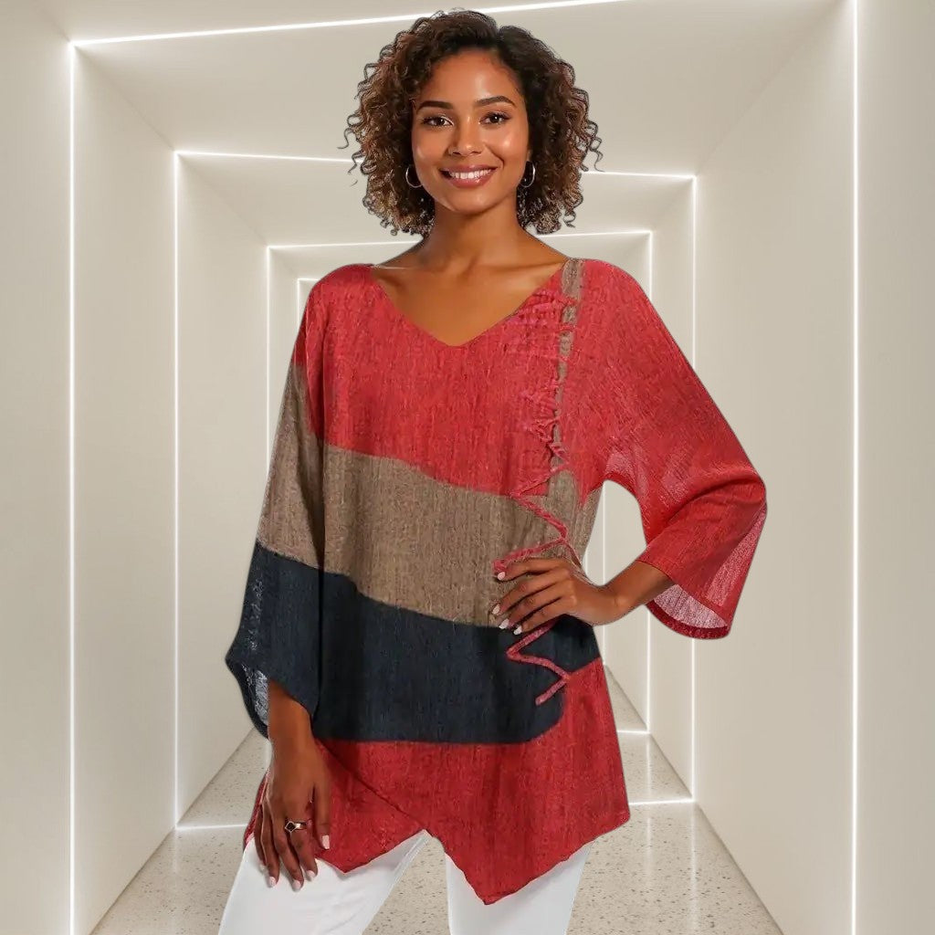 ZOFIA ATELIER colorblock V-neck top with lace-up detail, red, brown, and navy stripes, loose fit, lightweight fabric.