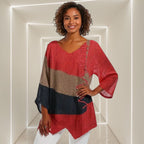 ZOFIA ATELIER colorblock V-neck top with lace-up detail, red, brown, and navy stripes, loose fit, lightweight fabric.