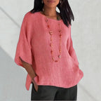 ZOFIA ATELIER coral pink linen blend relaxed fit 3/4 sleeve blouse with crew neck and beaded necklace