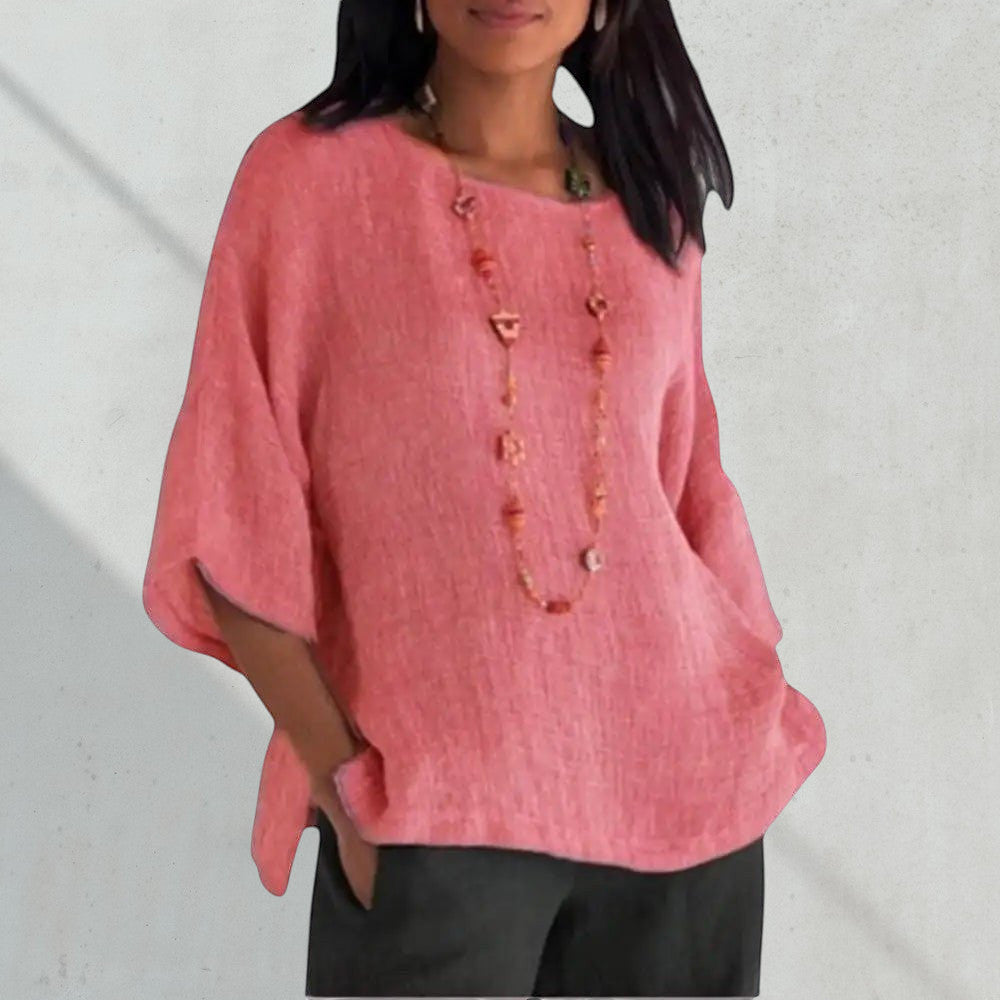 ZOFIA ATELIER coral pink linen blend relaxed fit 3/4 sleeve blouse with crew neck and beaded necklace