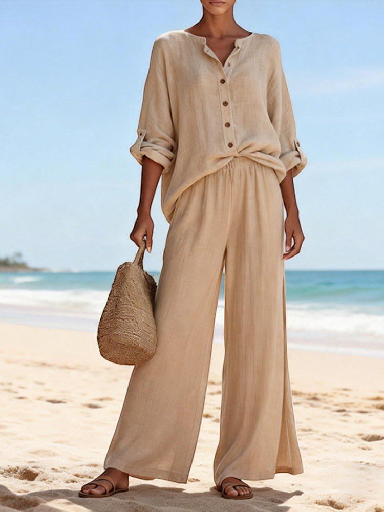 ZOFIA ATELIER beige cotton lounge set with V-neck long sleeve top and wide-leg pants on beach