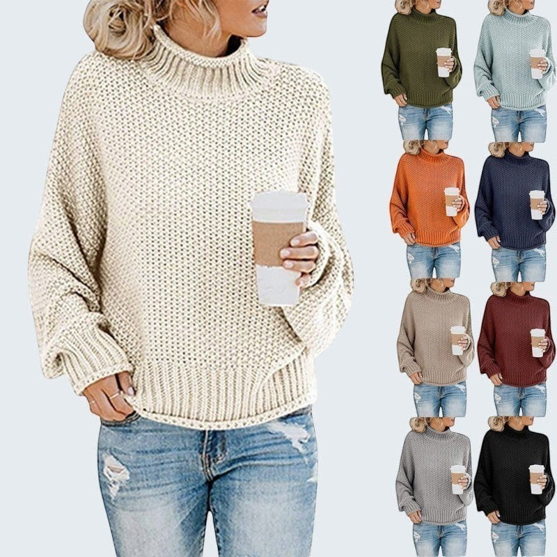 ZOFIA ATELIER cream chunky knit turtleneck sweater with relaxed fit and ribbed details.