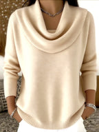 ZOFIA ATELIER cream cowl neck long sleeve sweater made of polyester with a loose fit and ribbed hem.