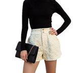 ZOFIA ATELIER cream jacquard embroidered shorts with mid-rise waist and button detail
