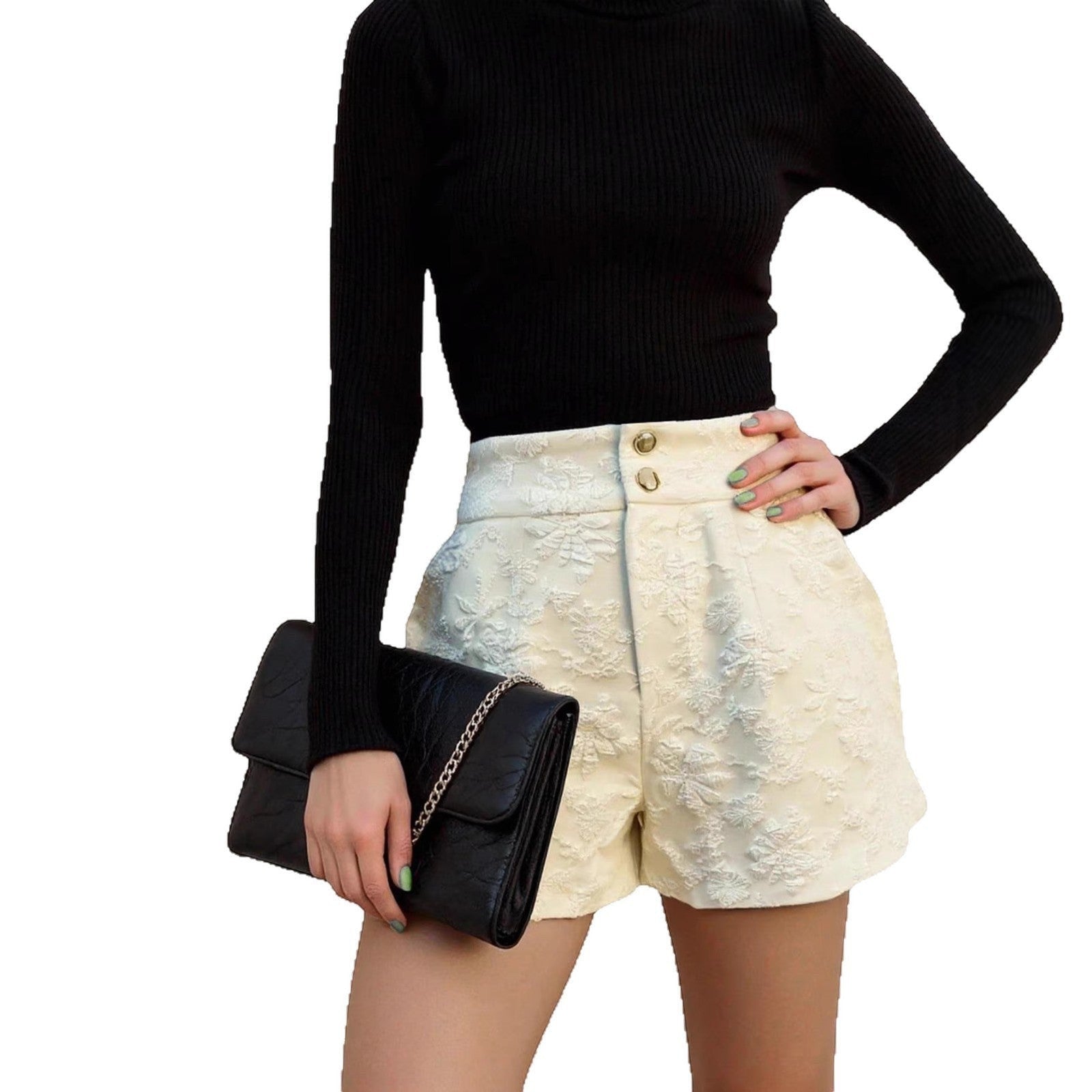 ZOFIA ATELIER cream jacquard embroidered shorts with mid-rise waist and button detail