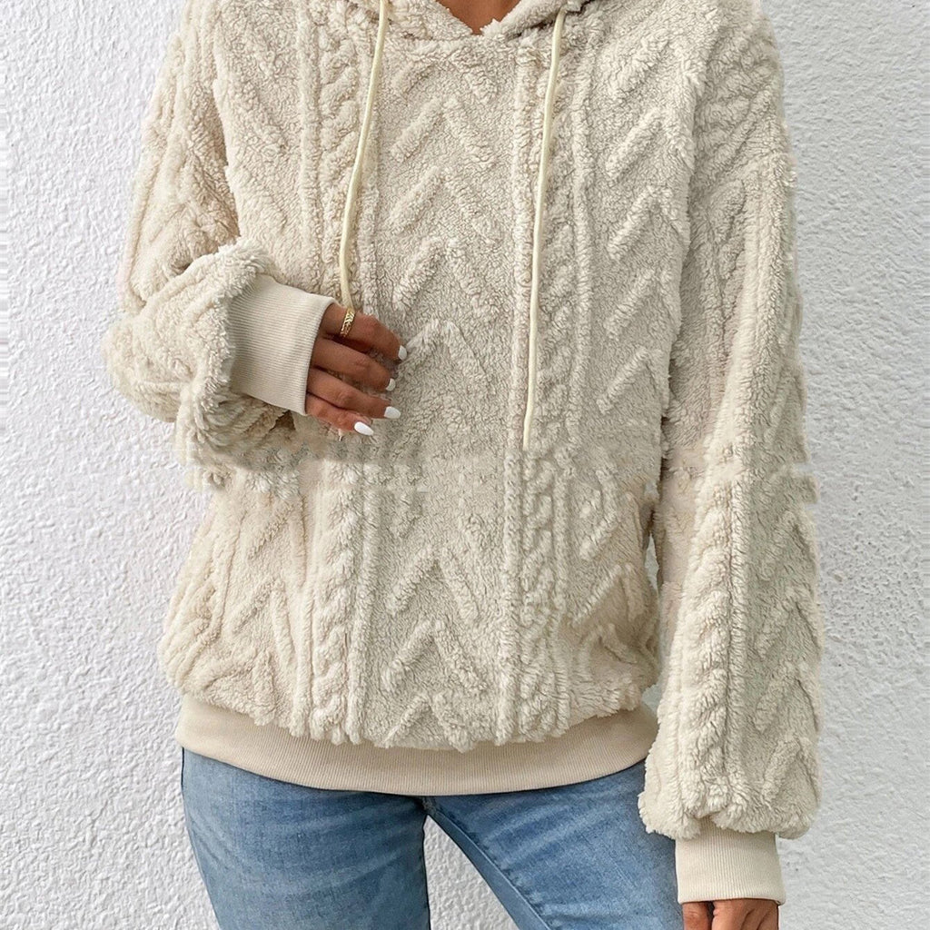 ZOFIA ATELIER cream geometric embossed flannel hooded coat with drawstring and ribbed cuffs.