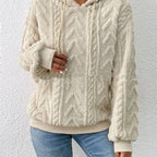 ZOFIA ATELIER cream geometric embossed flannel hooded coat with drawstring and ribbed cuffs.