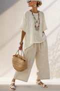 ZOFIA ATELIER women's cream linen blend wide-leg set with short sleeves and drawstring pants.