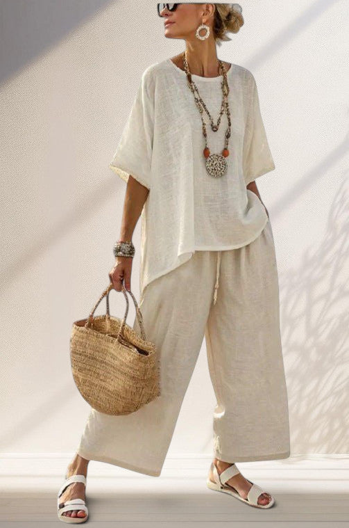ZOFIA ATELIER women's cream linen blend wide-leg set with short sleeves and drawstring pants.