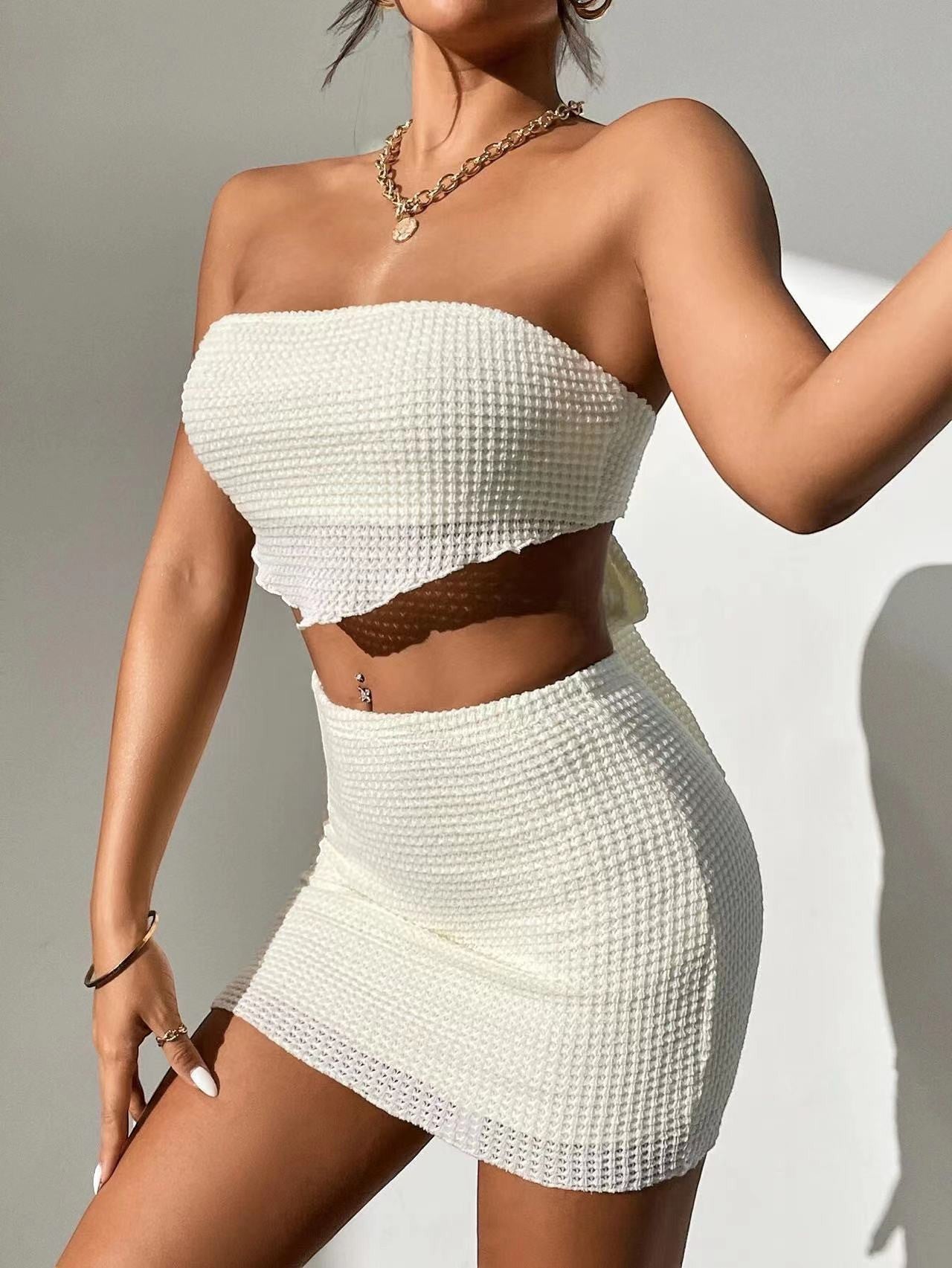 ZOFIA ATELIER cream waffle knit strapless crop top and mini skirt set