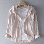 ZOFIA ATELIER DANUTA elegant hooded blouse in beige with vertical pinstripes, long sleeves, and drawstring hood.