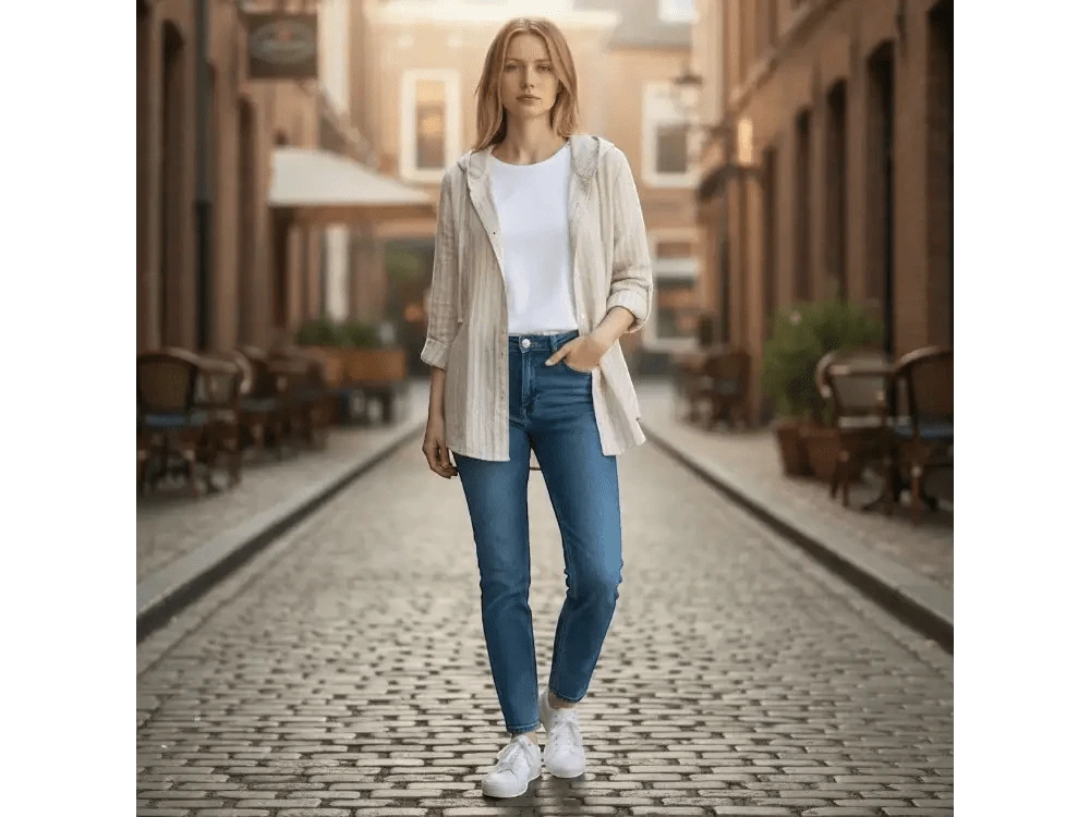 ZOFIA ATELIER DANUTA elegant hooded blouse in beige and white stripes, worn by a woman with blue jeans and white sneakers.