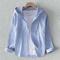 ZOFIA ATELIER DANUTA elegant hooded blouse in light blue and white vertical stripes, relaxed fit, button-down front, and drawstring hood.