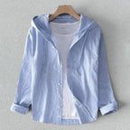 ZOFIA ATELIER DANUTA elegant hooded blouse in light blue and white vertical stripes, relaxed fit, button-down front, and drawstring hood.