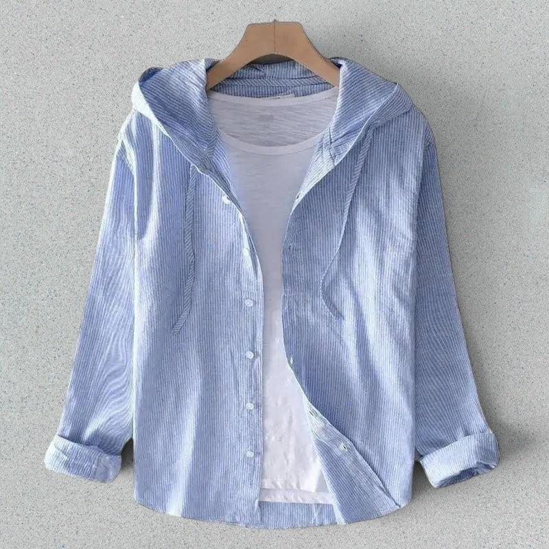 ZOFIA ATELIER DANUTA elegant hooded blouse in light blue and white vertical stripes, relaxed fit, button-down front, and drawstring hood.