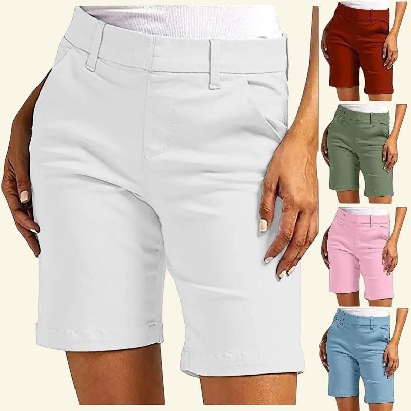 ZOFIA ATELIER DANUTA white straight-leg summer shorts. Also available in rust, olive, pink, and blue.