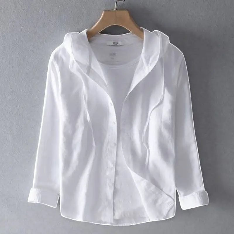 ZOFIA ATELIER DANUTA elegant white hooded blouse, long sleeves, button-up front, relaxed fit.