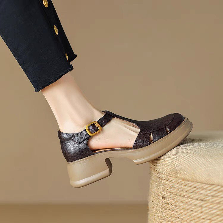 ZOFIA ATELIER dark brown PU leather retro chunky heel sandals with buckle closure and round toe.